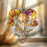 Ram Skull Acrylic Wavy Suncatcher Ornament, Gothic Daisy Floral Window Hanging, Witchy Boho Western Decor for Rustic or Alternative Homes