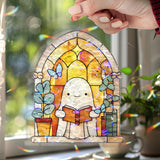 Ghost Reading Acrylic Wavy Suncatcher Ornament, Cute Spirit with Blue Butterflies, Arched Faux Stained Glass Window Decor for Book Lovers