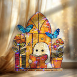 Ghost Reading Acrylic Wavy Suncatcher Ornament, Cute Spirit with Blue Butterflies, Arched Faux Stained Glass Window Decor for Book Lovers