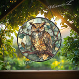 Owl Suncatcher: Brown Forest Bird Stained Glass Window Decor