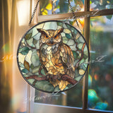 Owl Suncatcher: Brown Forest Bird Stained Glass Window Decor