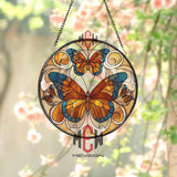 Stained Glass Butterfly Suncatcher, Round Window Hanging Art with Orange Blue Butterflies, Nature Inspired Home Decor