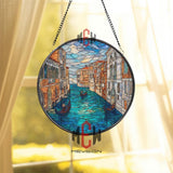 Venice Gondola Stained Glass Suncatcher, Italian Canal Window Art Panel, Blue Water Cityscape Round Hanging Decor for Travel & Europe Lovers