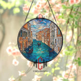 Venice Gondola Stained Glass Suncatcher, Italian Canal Window Art Panel, Blue Water Cityscape Round Hanging Decor for Travel & Europe Lovers