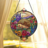 Hedgehog Stained Glass Suncatcher, Floral Round Window Hanging, Colorful Nature Art Panel, Garden Animal Decor Gift for Wildlife Lovers