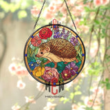 Hedgehog Stained Glass Suncatcher, Floral Round Window Hanging, Colorful Nature Art Panel, Garden Animal Decor Gift for Wildlife Lovers