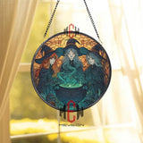 Witch Sisters Stained Glass Suncatcher, Halloween Cauldron Round Window Panel, Magical Trio Witchcraft Decor, Spooky Home Accent