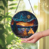 Mountain Camping Stained Glass Suncatcher: Starry Night Forest Decor