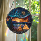 Mountain Camping Stained Glass Suncatcher: Starry Night Forest Decor