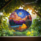 Mountain Camping Stained Glass Suncatcher: Starry Night Tent & Campfire
