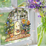 Cute Ghost Gardener Acrylic Wavy Suncatcher Ornament, Whimsical Plant Faux Stained Glass Window Decor, Kawaii Spooky Gift for Garden Lovers