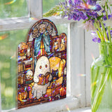 Cozy Ghost Reading Acrylic Wavy Suncatcher Ornament, Spooky Halloween Decor with Cat, Pumpkin & Books, Cottagecore Ghost Lover Gift