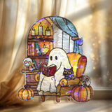 Cozy Ghost Reading Acrylic Wavy Suncatcher Ornament, Spooky Halloween Decor with Cat, Pumpkin & Books, Cottagecore Ghost Lover Gift