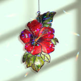 Red Hibiscus Acrylic Wavy Suncatcher Ornament, Tropical Floral Faux Stained Glass Window Hanging, Exotic Garden Decor for Nature Lovers