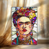 Frida Kahlo Acrylic Wavy Suncatcher Ornament, Colorful Rectangular Faux Stained Glass Portrait Panel, Artistic Mexican Window Home Decor