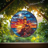 Lighthouse Sunset Stained Glass Suncatcher: Coastal Home Decor