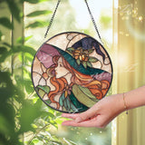 Art Nouveau Witch Suncatcher: Elegant Lady, Purple Hair Window Decor