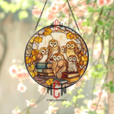 Owl Family Stained Glass Suncatcher, Round Autumn Book Window Panel, Cozy Fall Decor for Readers, Handmade Owl Art for Nature Lovers