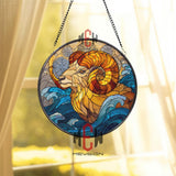 Ram Stained Glass Suncatcher, Bold Blue Wave and Golden Horn Window Panel, Zodiac Aries Home Decor, Animal Art Gift for Nature Lovers