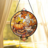 Autumn Tea and Pumpkin Stained Glass Suncatcher, Cozy Fall Window Decor with Pie and Leaves, Seasonal Kitchen or Living Room Panel