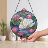 White Swan and Pink Lotus Stained Glass Suncatcher, Round Water Lily Window Panel, Nature Pond Glass Art for Home and Garden Decor
