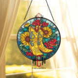 Yellow Cowboy Boots and Sunflowers Stained Glass Suncatcher, Round Western Floral Window Panel, Rustic Country Glass Art Home Decor