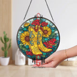 Yellow Cowboy Boots and Sunflowers Stained Glass Suncatcher, Round Western Floral Window Panel, Rustic Country Glass Art Home Decor