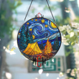 Camping Night Stained Glass Suncatcher, Round Starry Sky Forest Tent and Campfire Window Panel, Outdoor Adventure Glass Art Decor