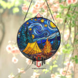 Camping Night Stained Glass Suncatcher, Round Starry Sky Forest Tent and Campfire Window Panel, Outdoor Adventure Glass Art Decor
