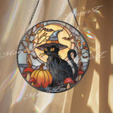 Black Cat Suncatcher: Halloween Pumpkin, Moon, Gothic Glass Art
