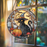 Black Cat Suncatcher: Halloween Pumpkin, Moon, Gothic Glass Art