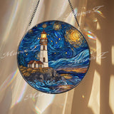 Lighthouse Starry Night Suncatcher: Coastal Van Gogh Inspired Glass Art