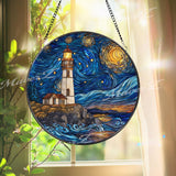 Lighthouse Starry Night Suncatcher: Coastal Van Gogh Inspired Glass Art