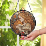 Fox and Maiden Stained Glass Suncatcher, Round Window Art Panel, Autumn Floral Hug Scene, Romantic Animal Nature Decor