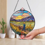 Boy and Sheep Stained Glass Suncatcher, Round Farm Landscape Window Panel, Sunset Pasture Art for Country Home Decor