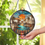 Ancient City Stained Glass Suncatcher, Round Historical Window Art Panel, Sunset Temple Scene with Crowd and Water Reflection