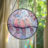 Pink Cockatoo Suncatcher: Cherry Blossom Stained Glass Window Panel
