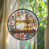Vintage Sewing Machine Stained Glass Suncatcher: Floral Quilting Decor