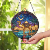 Desert Camel Stained Glass Suncatcher, Crescent Moon Oasis Round Window Panel, Arabian Nights Sand Dunes Home Decor Gift