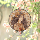 Golden Goddess Stained Glass Suncatcher, Art Nouveau Woman Round Panel, Fantasy Mythical Lady Window Hanging Home Decor