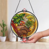 Vietnamese Pho Beef Stained Glass Suncatcher, Noodle Soup Round Window Panel, Asian Cuisine Kitchen Glass Art Decor for Food Lovers