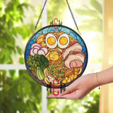 Japanese Ramen Stained Glass Suncatcher, Noodle Soup Window Hanging with Eggs Pork and Vegetables, Asian Kitchen Glass Art Decor Gift