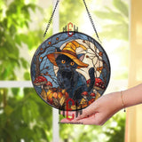 Black Cat Witch Stained Glass Suncatcher, Halloween Pumpkin and Mushroom Round Window Panel, Autumn Gothic Home Decor