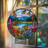 Butterfly Meadow Suncatcher: Wildflower Lake Scene Window Panel
