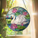 Swan and Lotus Stained Glass Suncatcher: Elegant Window Decor