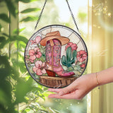 Cowgirl Boot & Hat Suncatcher: Western Floral Glass Window Decor