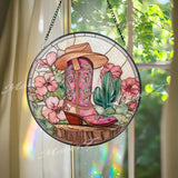 Cowgirl Boot & Hat Suncatcher: Western Floral Glass Window Decor