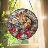 Squirrel Stained Glass Suncatcher: Winter Berries Woodland Decor
