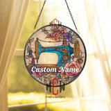 Blue Vintage Sewing Machine Stained Glass Suncatcher, Round Floral Craft Window Panel, Seamstress Gift or Studio Decor