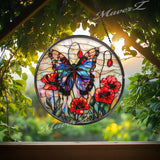 Butterfly & Red Poppy Suncatcher: Floral Stained Glass Window Decor